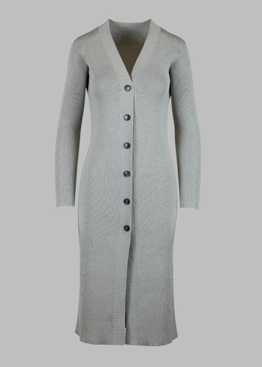 Long ribbed V-neck cardigan in grey, made-to-order knitwear by Maison Alltrueist, sustainable ecovero fabric.