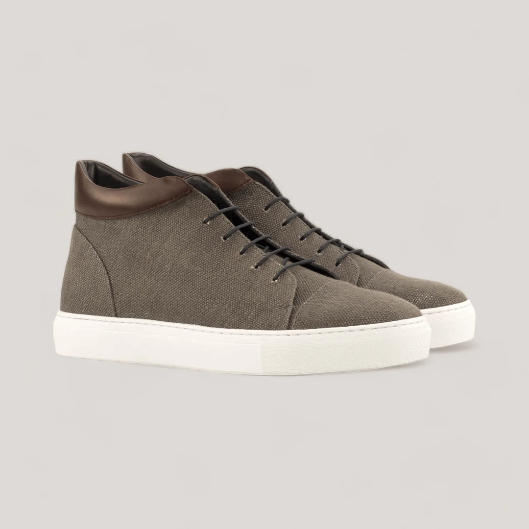 ZENITH | High Top Sneaker - Grey Linen & Dark Brown | Men's | Men's Shoes | MADE-TO-MEASURE by ALLTRUEIST | allTRUEist