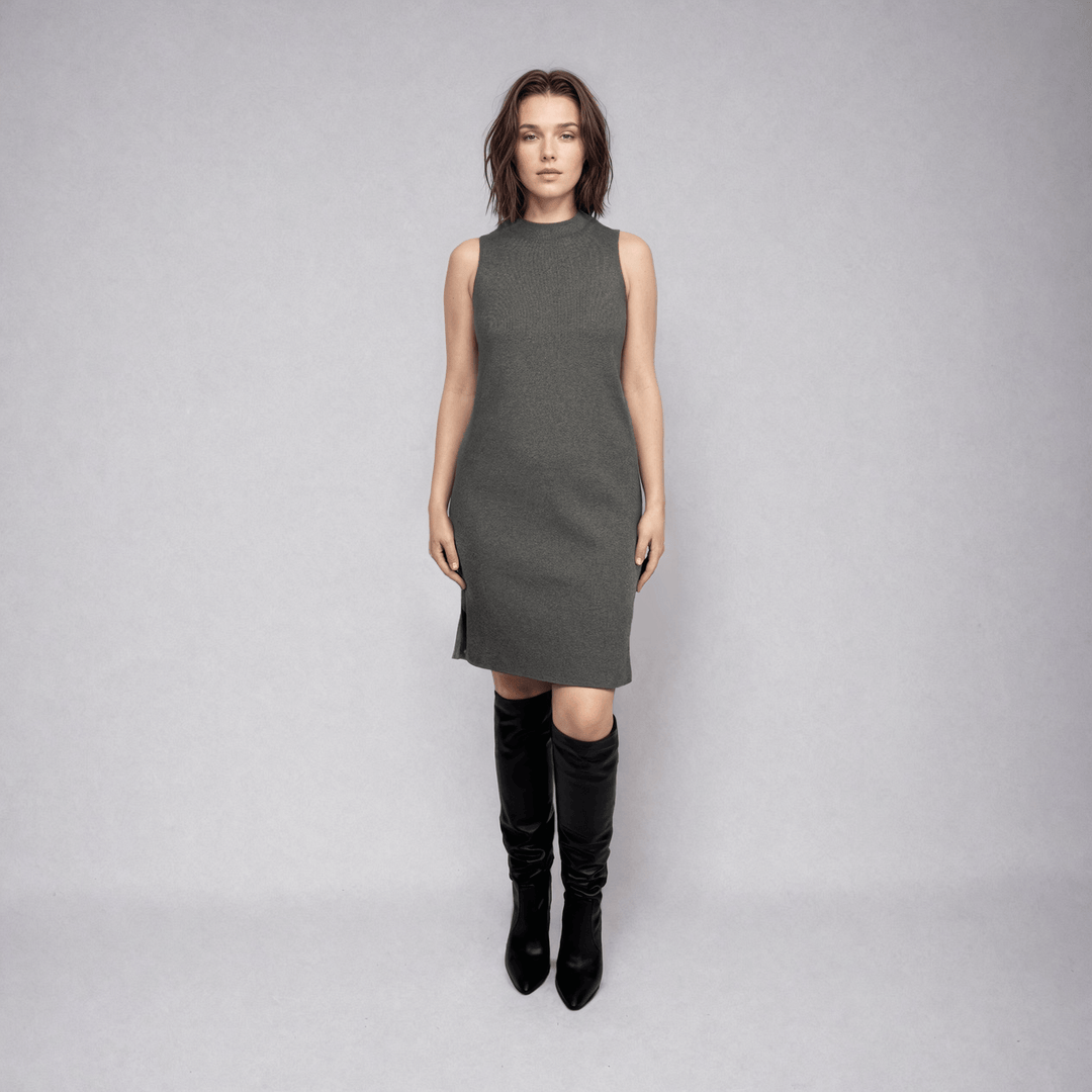 MARGOT | Sleeveless Mock-Neck Short Dress | COLOR: BLACK, CHARCOAL, PEACOCK, LIGHT BLUE, CRIMSON, PEACH, CEMENT, WHITE, IVORY, MAGENTA, LIGHT HEATHER GREY, BORDEAUX, LODEN, NAVY, SLATE GREY |3D Knitted by ALLTRUEIST