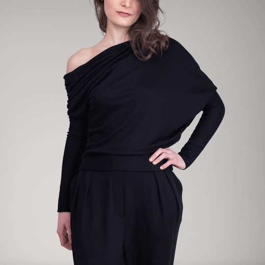 One-Shoulder Fine French Terry Sweater | Obsidian | Women's Clothing | ALLTRUEIST By Maryna | ALLTRUEIST