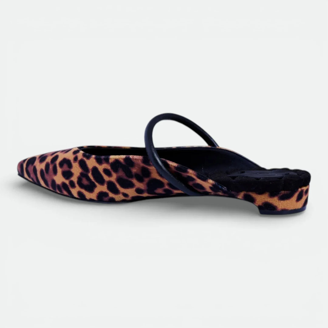 Pointed-toe mule with leopard print and black strap, low heel shoe on white background.