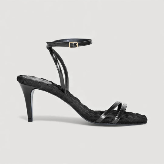 LAURA | Black - Ankle Strap Sandal by AERA NEW YORK, luxury vegan shoes with 70mm heel and quilted insole for stylish comfort.