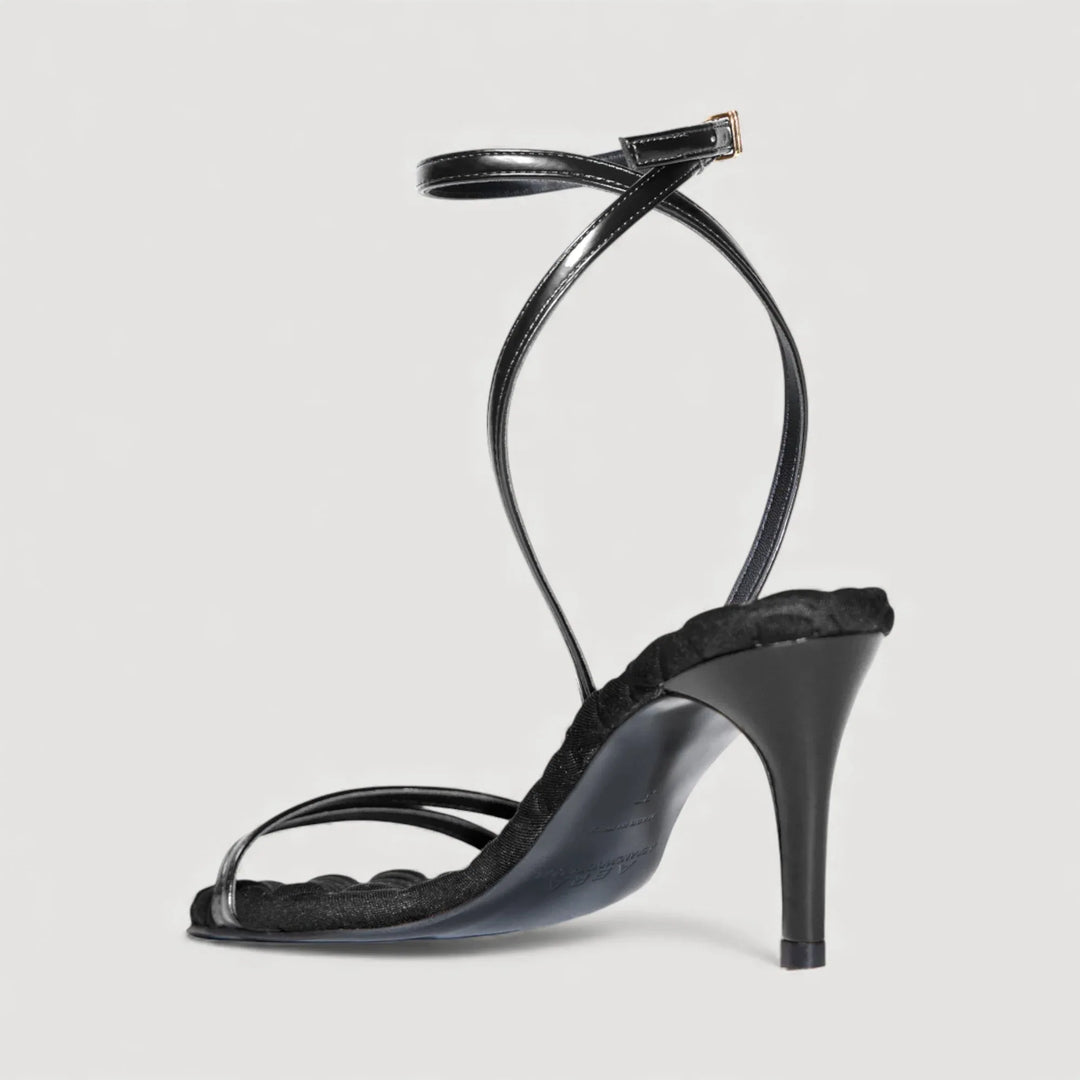 LAURA | Black - Ankle Strap Sandal by AERA NEW YORK, luxury vegan shoes with 70mm heel and gossamer straps.