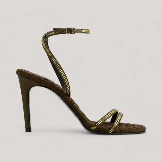 LUCIA Military Green Crystal Ankle Strap Sandals by AERA - Vegan Shoes, sustainable, eco-friendly Satin, handcrafted in Italy