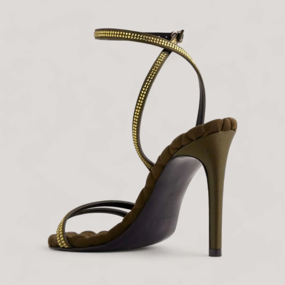 Lucia stiletto sandal by AERA in military green with crystal accents, ankle strap, eco-friendly vegan shoes handcrafted in Italy.