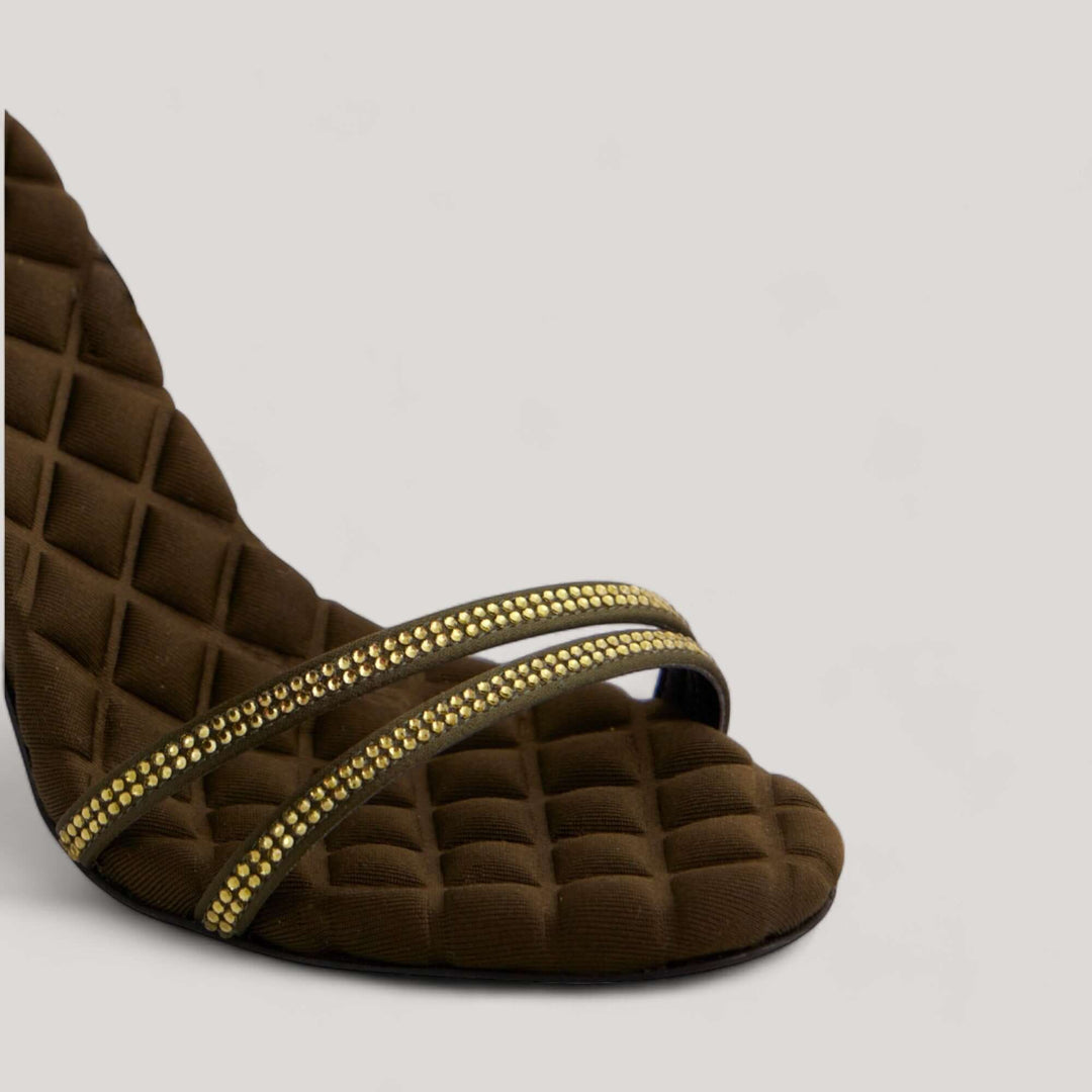 Military green stiletto sandal with crystal accents and cushioned insole by AERA, vegan and sustainable footwear handcrafted in Italy.