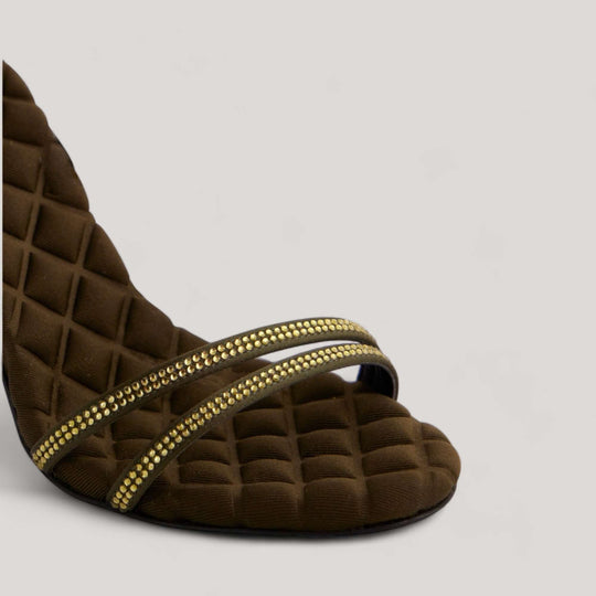 Military green stiletto sandal with crystal accents and cushioned insole by AERA, vegan and sustainable footwear handcrafted in Italy.