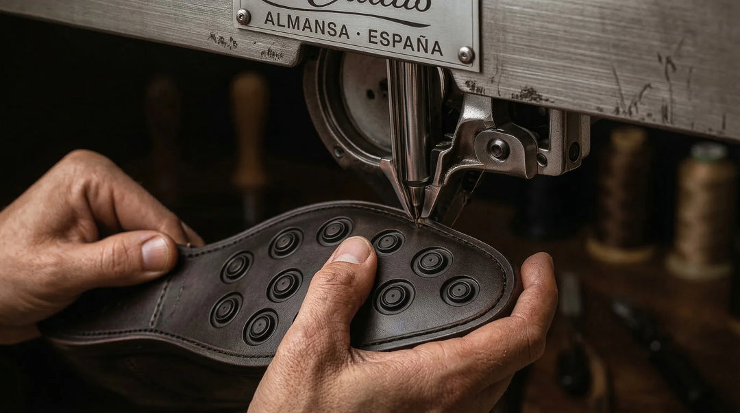 Close-up of hands crafting a custom leather shoe on a sewing machine