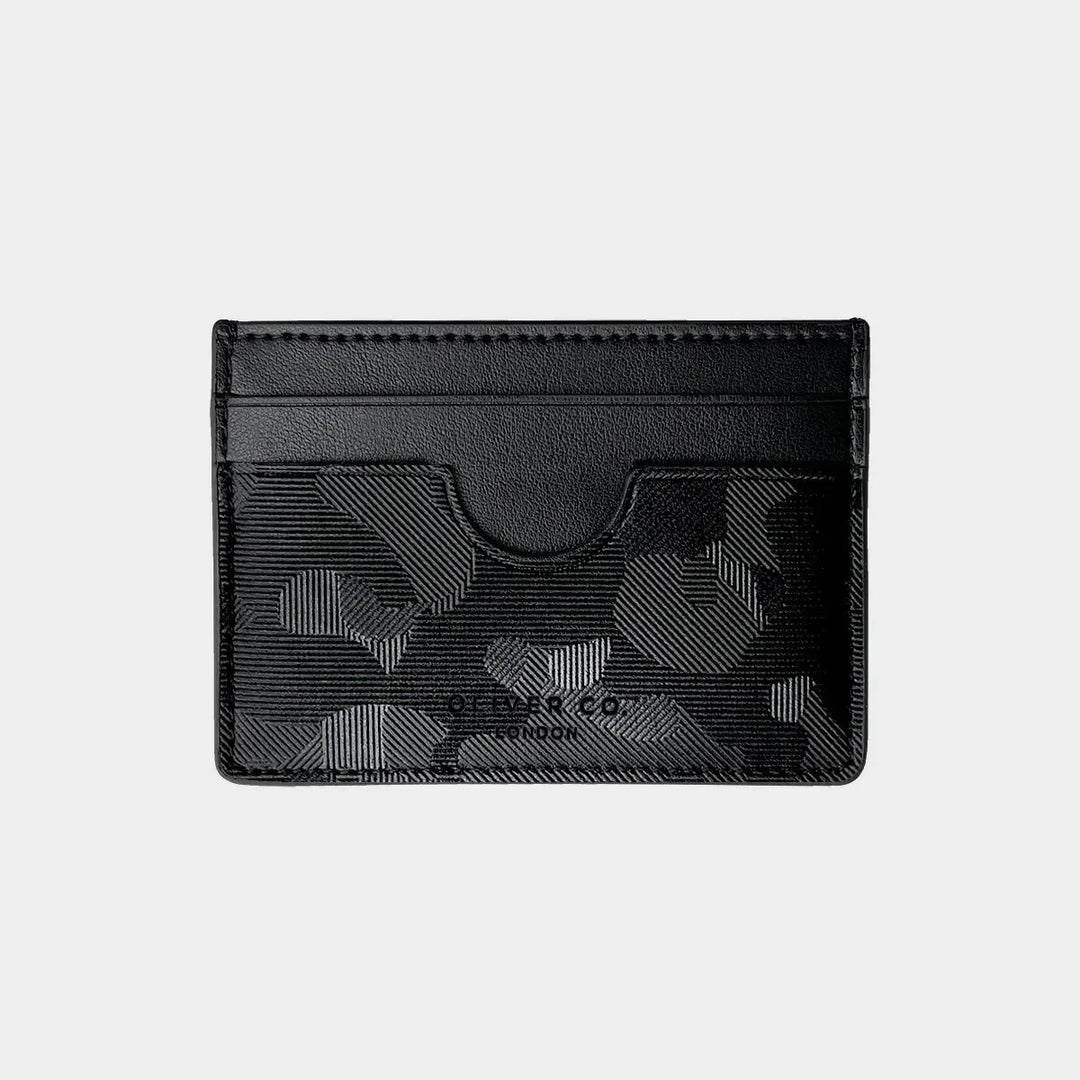 Black camo card holder with textured finish and multiple card slots, minimalist wallet