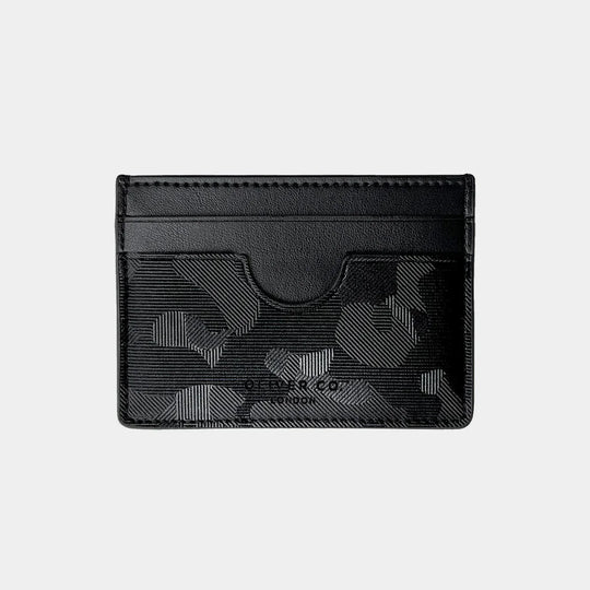 Black camo card holder with textured finish and multiple card slots, minimalist wallet