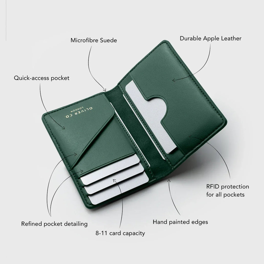 Green compact wallet with microfibre suede, RFID pockets, and card slots on white background.