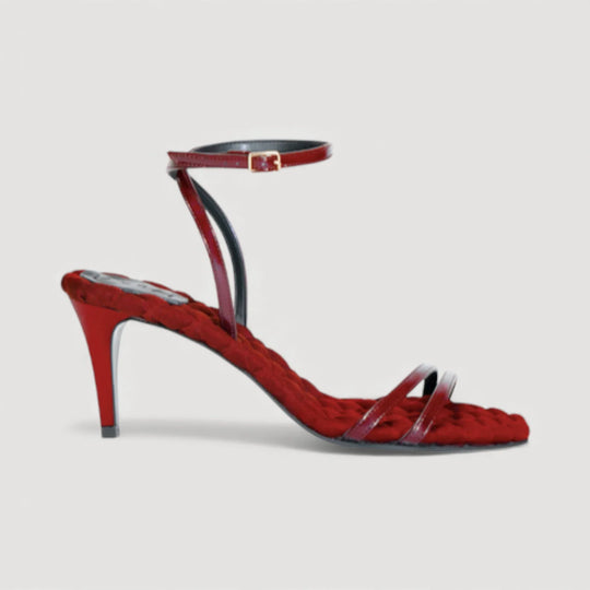 LAURA | Red - Ankle Strap Sandal by AERA NEW YORK; luxury vegan shoes in red with a 70mm heel and elegant buckle.