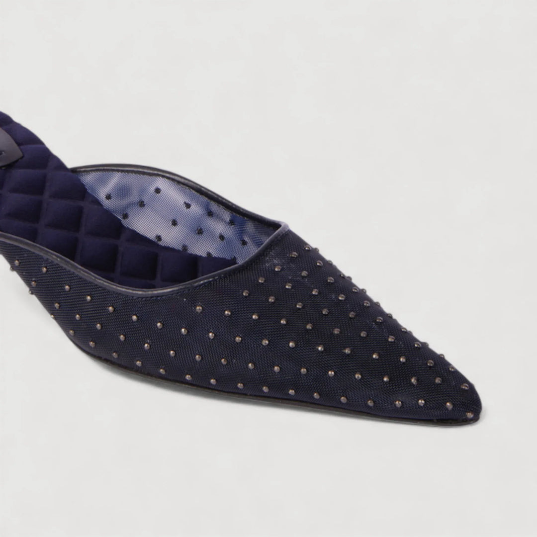 ROSA | Navy - Studded Mules by AERA NEW YORK, luxury vegan shoes with quilted insole and metal studs, offering comfort and sophistication.