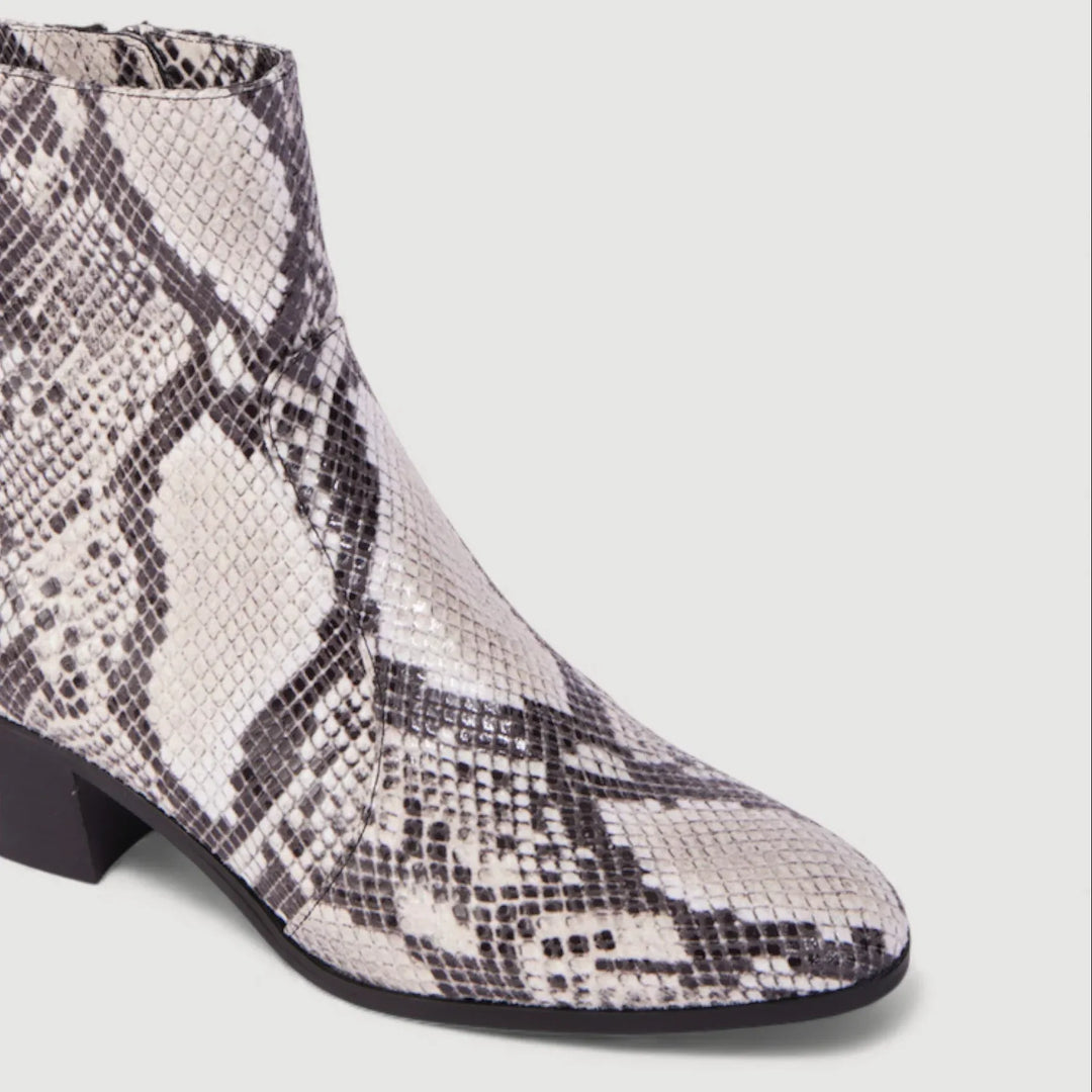 STEFFY | Beige Faux-Snake Print - Ankle Boots by AERA NEW YORK LUXURY VEGAN SHOES, featuring vegan materials and refined silver hardware.