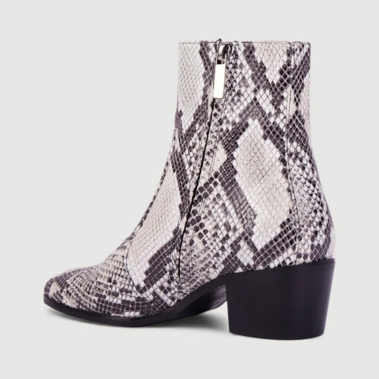 STEFFY | Beige Faux-Snake Print - Ankle Boots by AERA NEW YORK, luxury vegan shoes with silver hardware and 45mm heel.