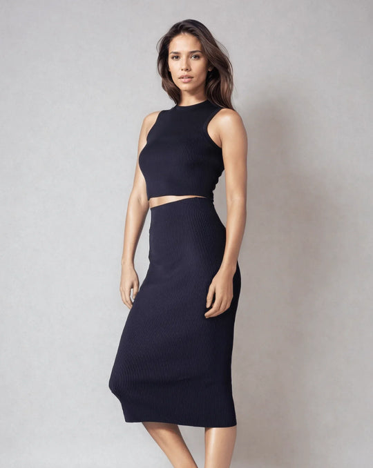 ELLERY | Ribbed High Waisted Midi Skirt | COLOR: NAVY, LODEN, MAGENTA, CEMENT, PEACH, BLACK, CHARCOAL, BORDEAUX, PEACOCK, SLATE GREY, LIGHT HEATHER GREY, CRIMSON, IVORY, LIGHT BLUE, WHITE |3D Knitted by ALLTRUEIST