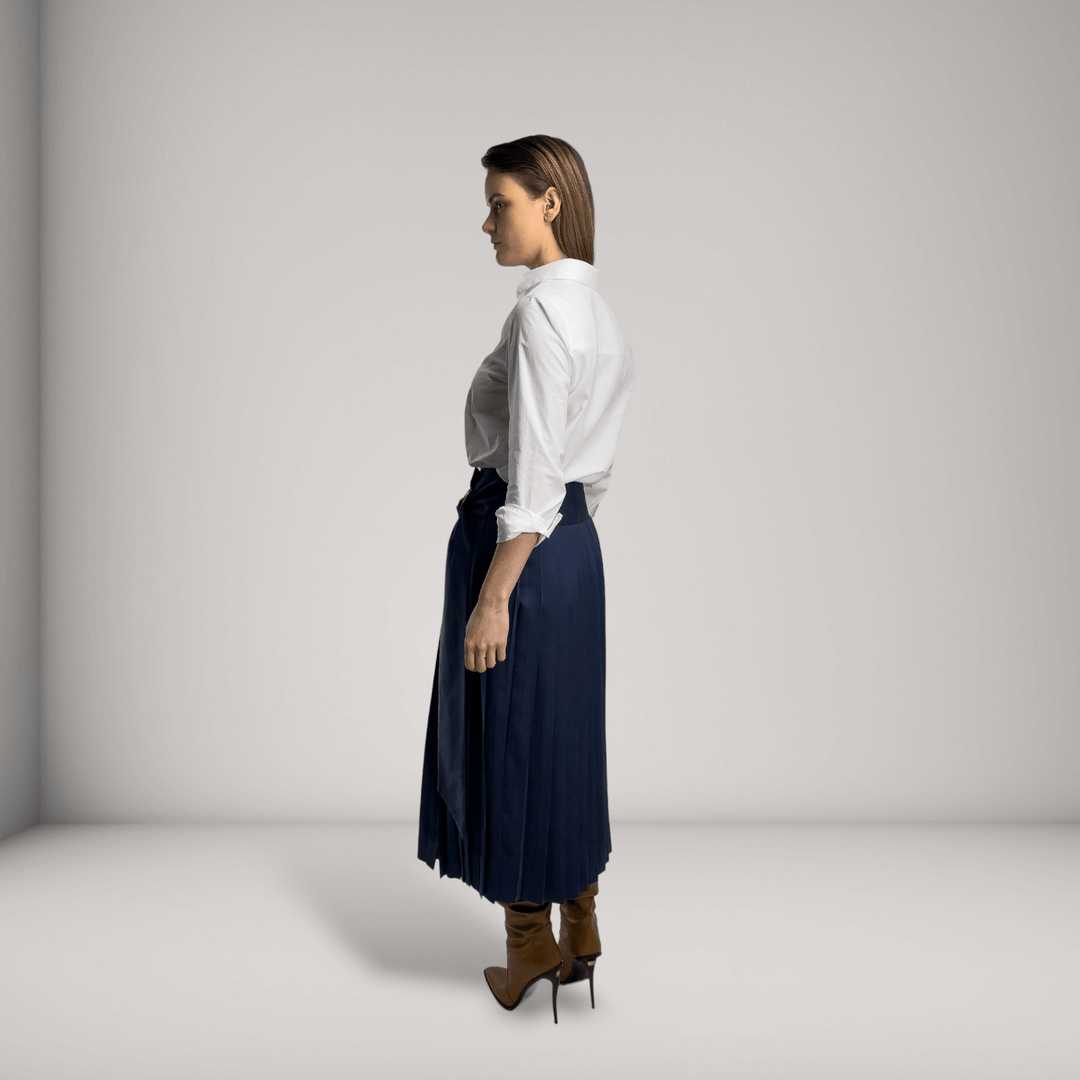 Pleated Vegan Silk Adjustable Wrap Midi Skirt | Navy | Women's Clothing | ALLTRUEIST By Maryna | ALLTRUEIST