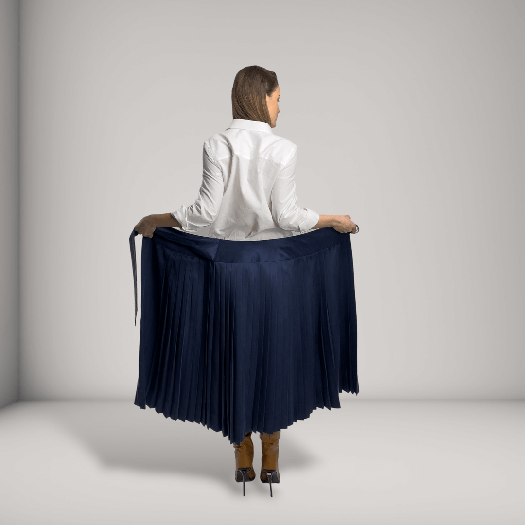 Pleated Vegan Silk Adjustable Wrap Midi Skirt | Navy | Women's Clothing | ALLTRUEIST By Maryna | ALLTRUEIST