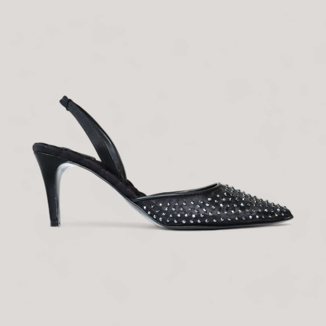 AERA Black Crystal Mesh Slingback Pumps, 75mm vegan and sustainable pointed-toe heels, named Sophia, inspired by Sophia Loren.