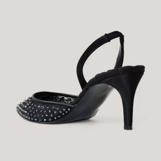 Back view of AERA Sophia Black Crystal Mesh slingback pumps with 75mm heel, vegan and sustainable shoes inspired by Sophia Loren.