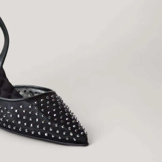 Vegan black crystal mesh slingback pumps by AERA, inspired by Sophia Loren. Sustainable shoes, ideal for casual and formal wear.
