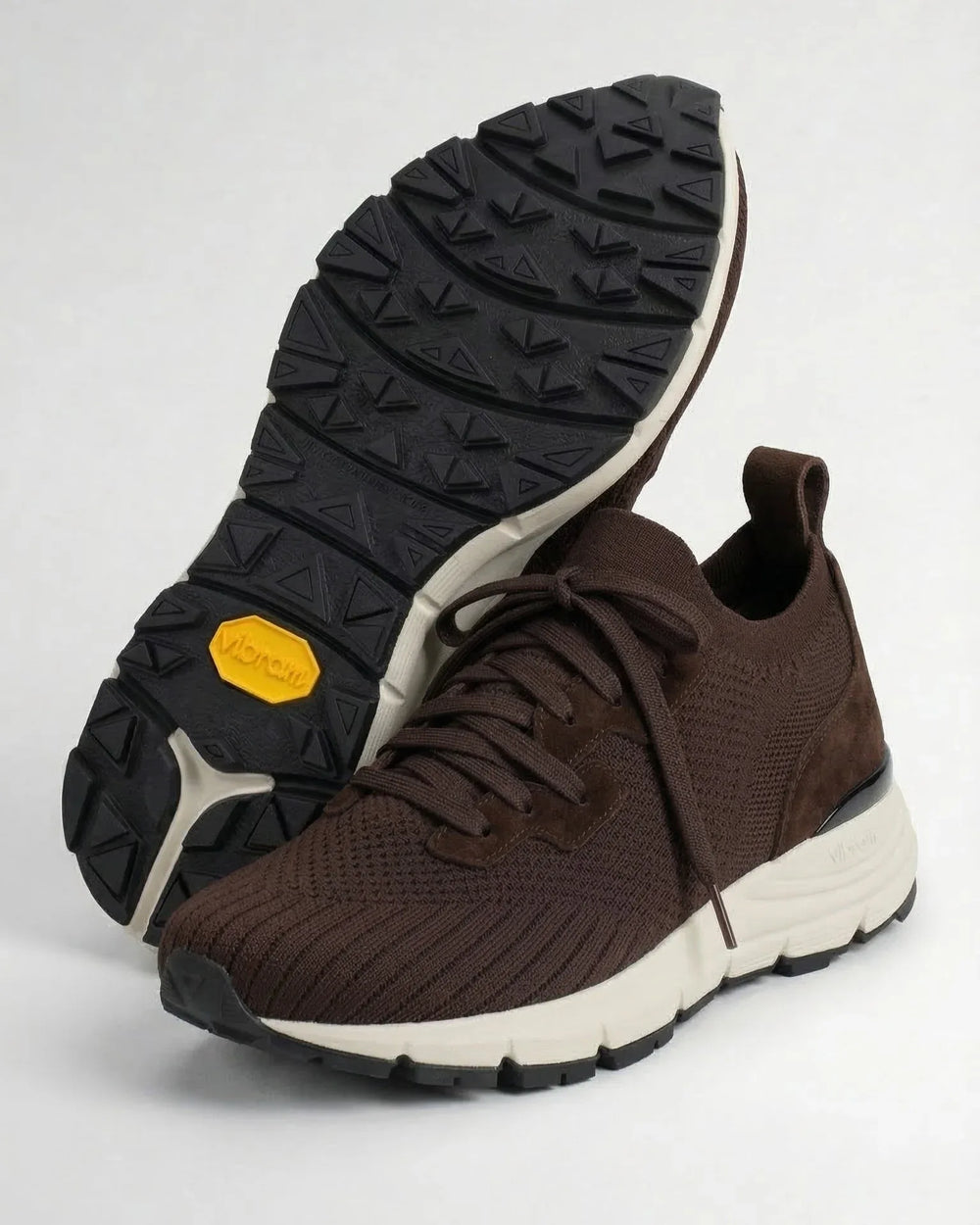 Brown suede and knit sneaker with white and black Vibram sole, side and sole view