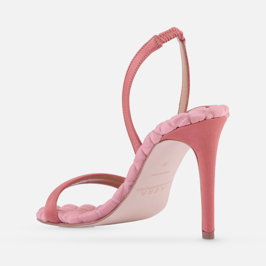 AERA VIVIEN antique rose satin slingback sandal, rear three-quarter view showing the heel and sole.