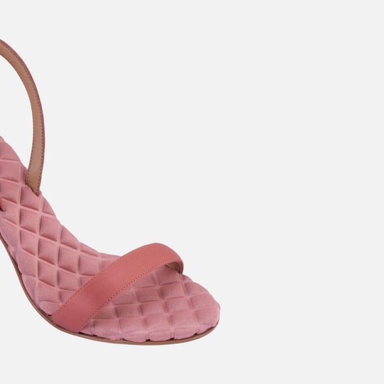 AERA VIVIEN antique rose satin slingback sandal, close-up of the front strap and quilted footbed.
