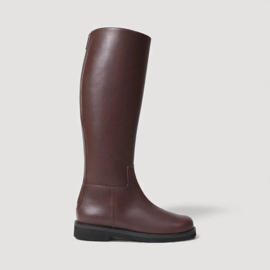 ADA | Knee-High Brown Boots by AERA NEW YORK, luxury vegan shoes with supple nappa-effect leather and equestrian-inspired design.