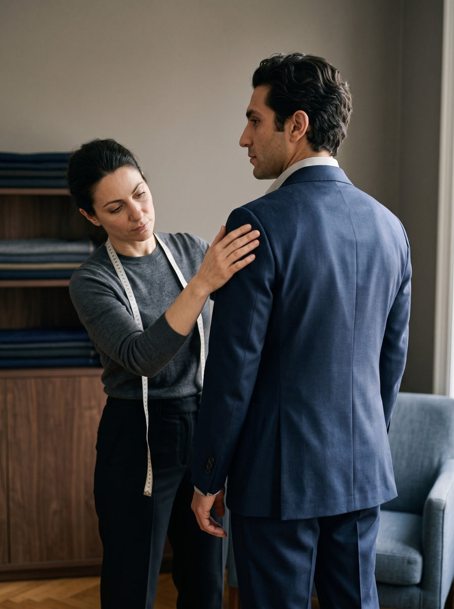 A tailor checking the shoulder and back of a man's navy suit jacket