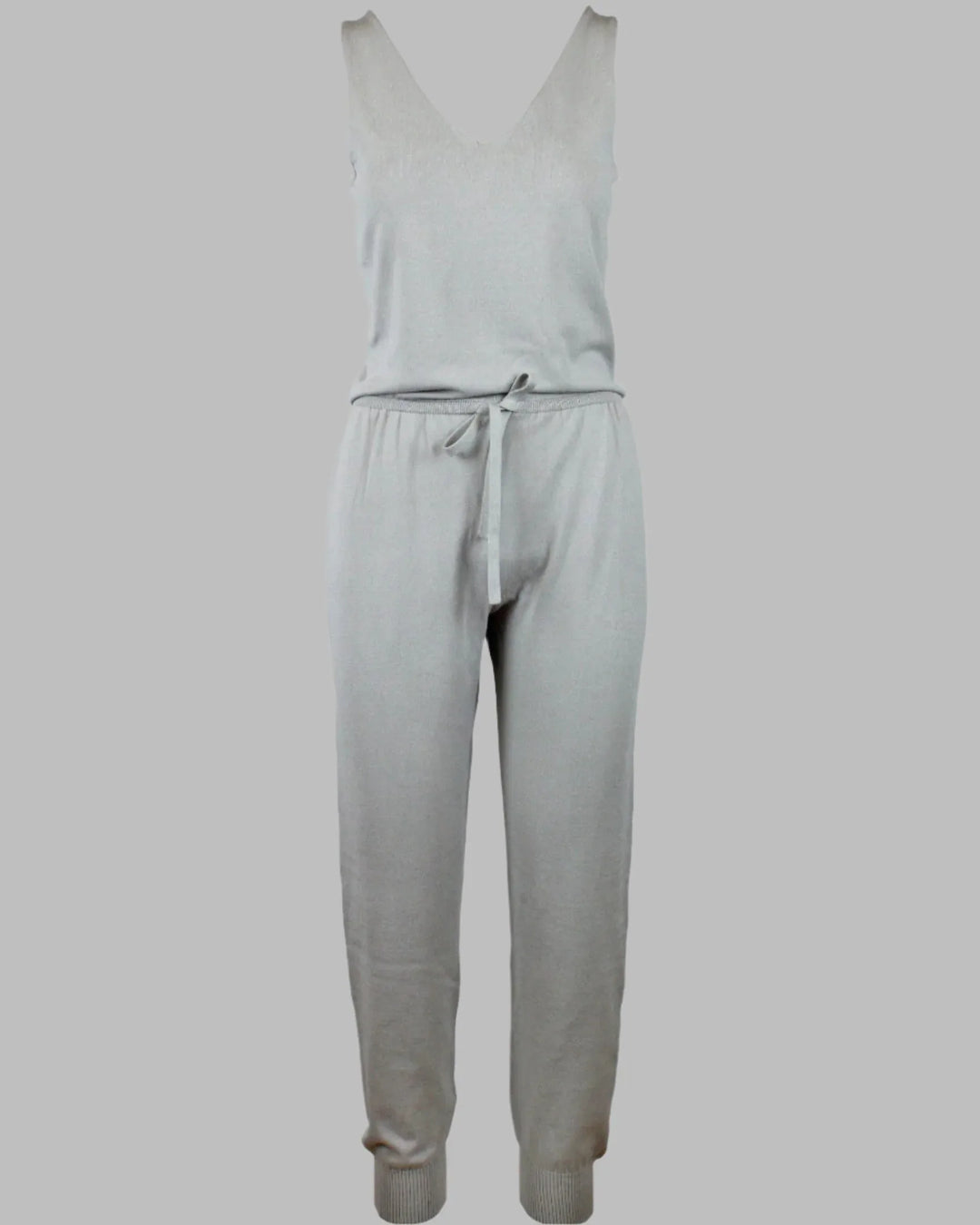 CARLI EcoViscose sleeveless jumpsuit in light beige, made-to-order luxury knitwear by Maison Alltrueist.