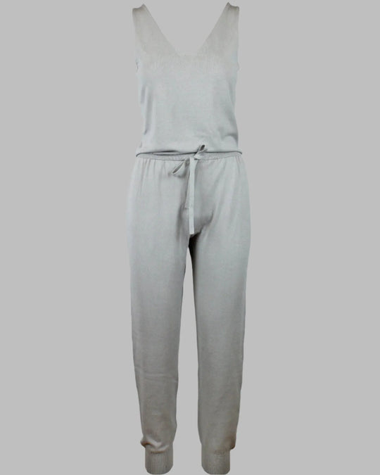 CARLI EcoViscose sleeveless jumpsuit in light beige, made-to-order luxury knitwear by Maison Alltrueist.