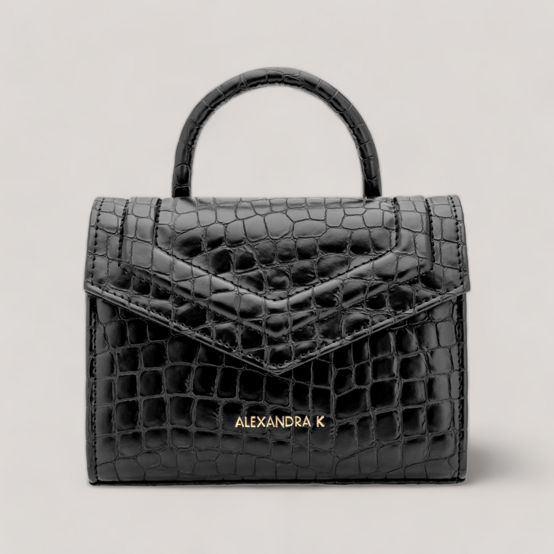 Faith Mini - Top Handle Bag - Black Ink Croco | Vegan Handbags | By Alexandra K.. Available at ALLTRUEIST