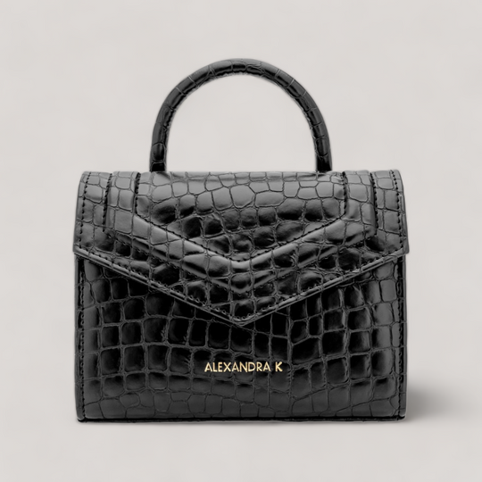 Faith Mini - Top Handle Bag - Black Ink Croco | Vegan Handbags | By Alexandra K.. Available at ALLTRUEIST