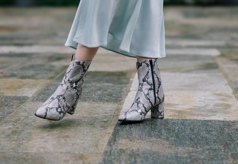 GABY | Beige Faux-Snake Print - Mid-Calf Boots by AERA NEW YORK, luxury vegan shoes with python-effect vegan leather and block heel.