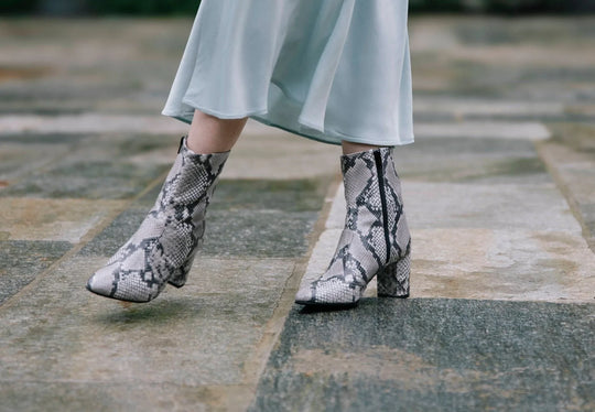 GABY | Beige Faux-Snake Print - Mid-Calf Boots by AERA NEW YORK, luxury vegan shoes with python-effect vegan leather and block heel.