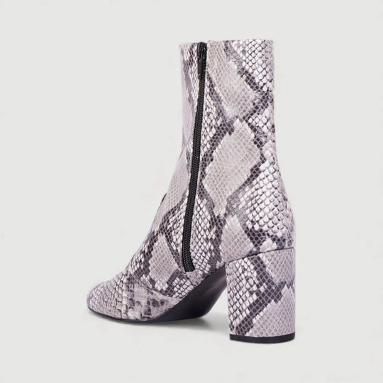 GABY | Beige Faux-Snake Print - Mid-Calf Boots by AERA NEW YORK, luxury vegan shoes with python-effect design and block heel.