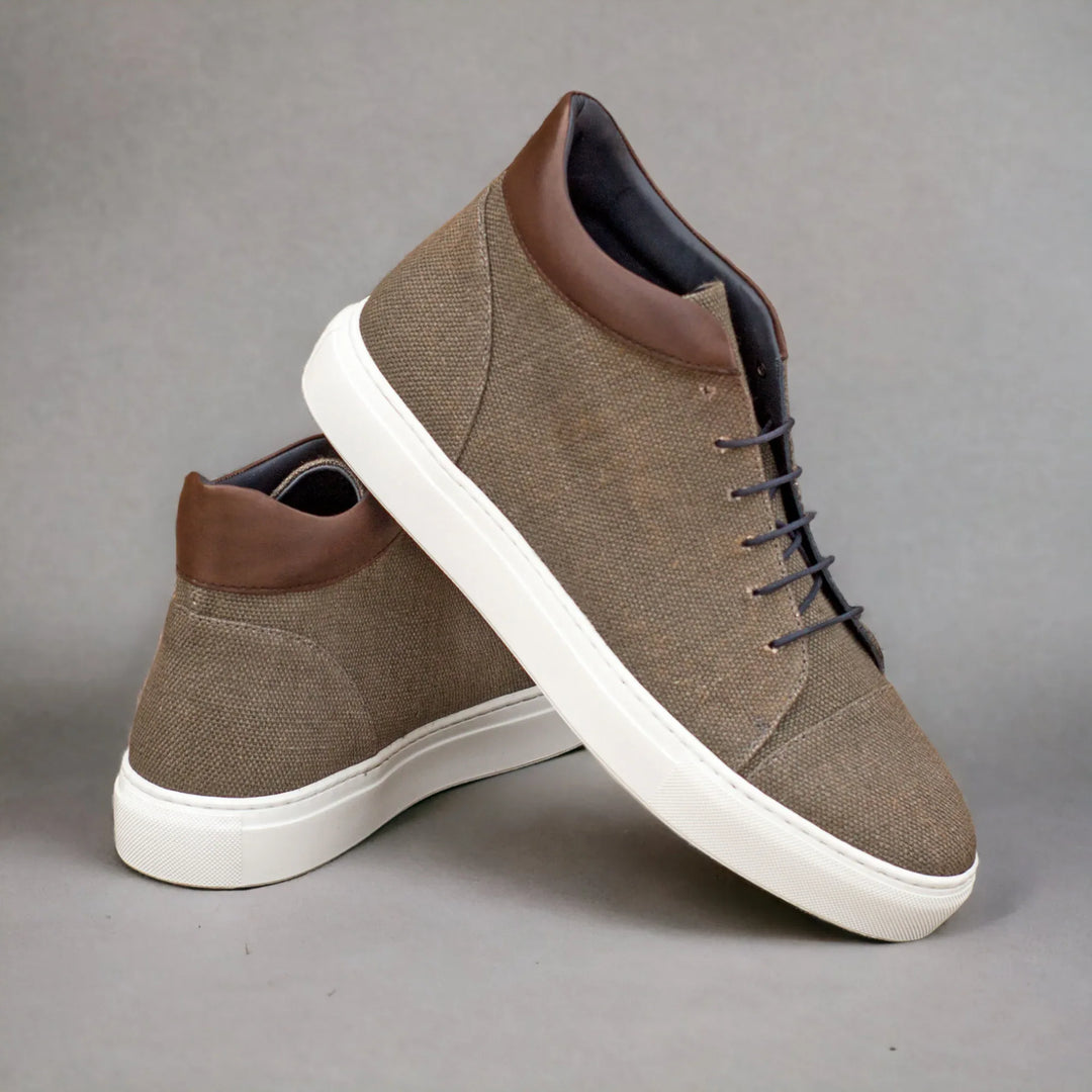ZENITH | High Top Vegan Sneaker - Grey Linen &amp; Dark Brown | Men&