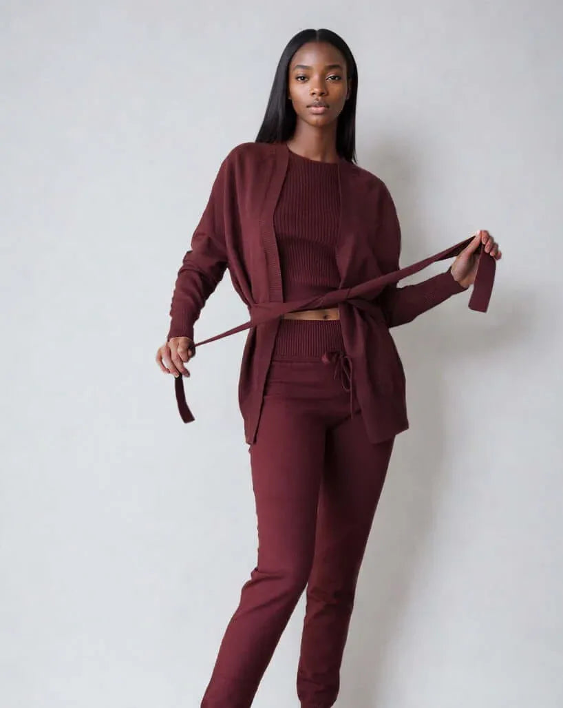CALLIE | Belted Robe Cardigan | COLOR: BORDEAUX, IVORY, PEACH, CEMENT, LIGHT BLUE, MAGENTA, PEACOCK, CRIMSON, LIGHT HEATHER GREY, CHARCOAL, SLATE GREY, BROWN, LODEN, NAVY, BLACK, WHITE |3D Knitted by ALLTRUEIST