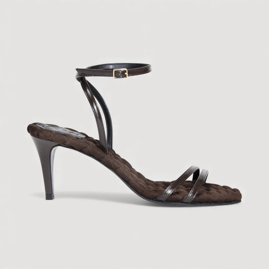 LAURA | Brown - Ankle Strap Sandal by AERA NEW YORK, luxury vegan shoes with 70mm heel, gossamer straps, inspired by Italian opera elegance.
