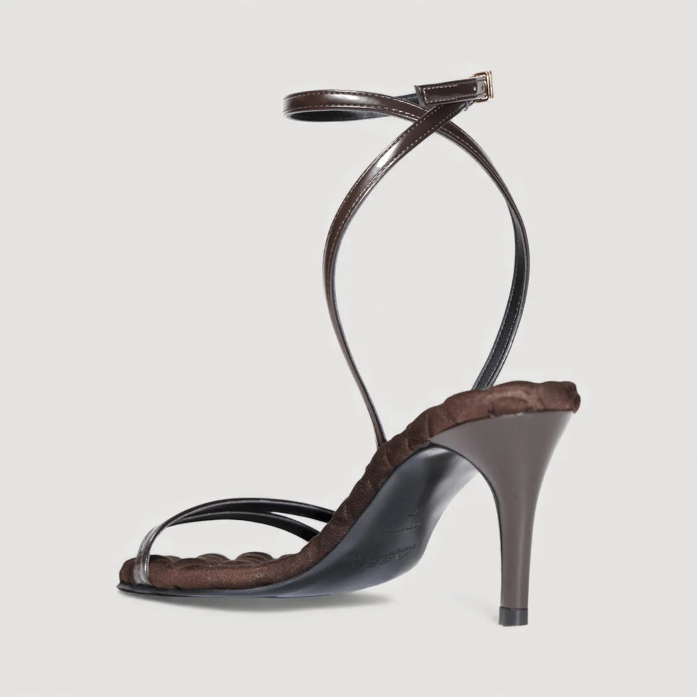 LAURA | Brown - Ankle Strap Sandal by AERA NEW YORK, luxury vegan shoes with 70mm sculptural heel and delicate ankle strap.