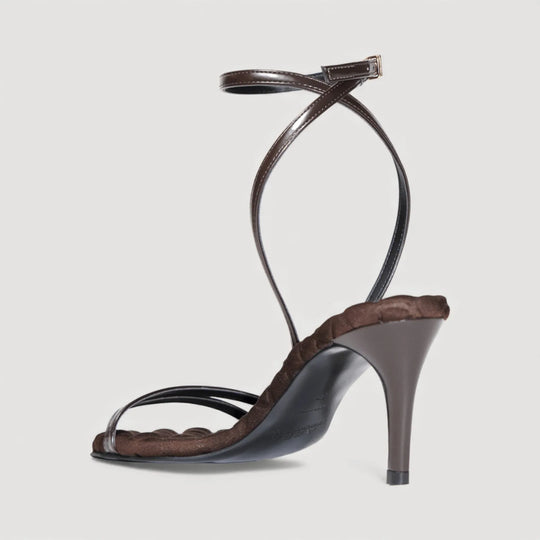 LAURA | Brown - Ankle Strap Sandal by AERA NEW YORK, luxury vegan shoes with 70mm sculptural heel and delicate ankle strap.