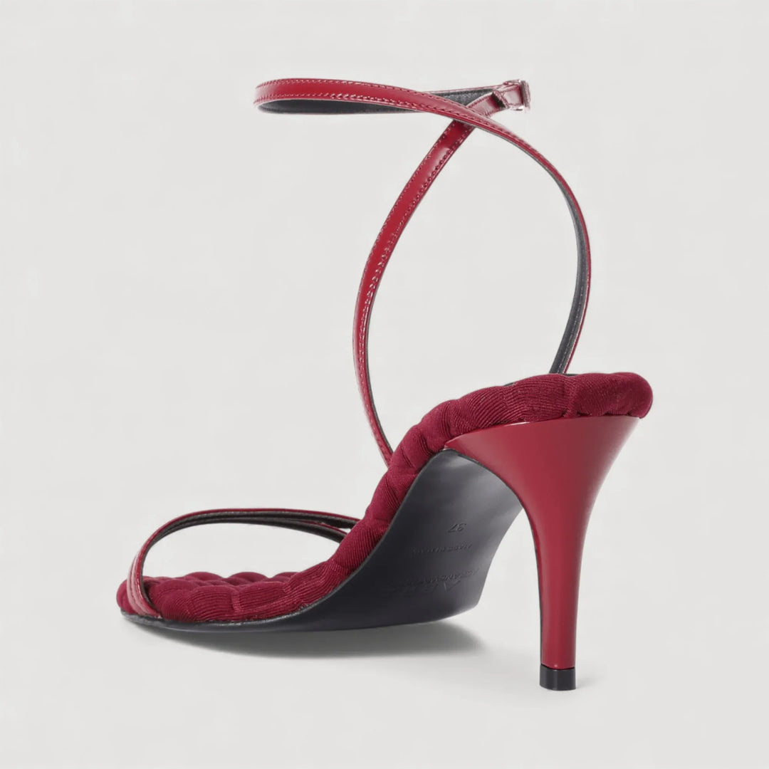 LAURA | Red - Ankle Strap Sandal by AERA NEW YORK, luxury vegan shoes with 70mm heel and elegant straps, side view.