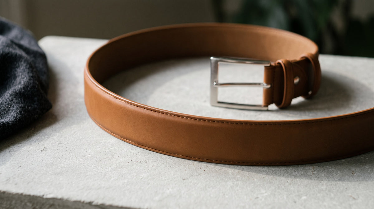 Tan belt curved on a stone surface, showing its finished edge and rectangular buckle.
