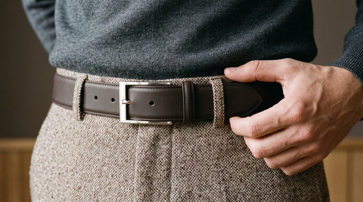Brown belt with a rectangular silver-tone buckle worn with textured tailored trousers.