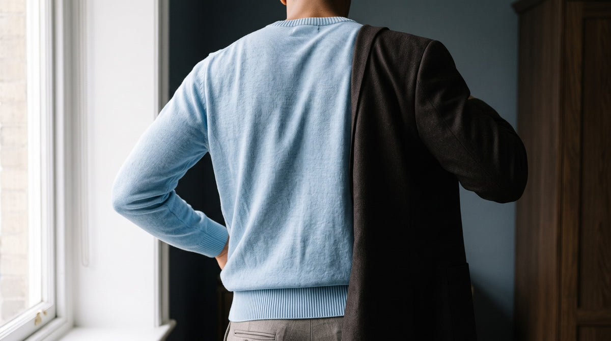 Man putting on a dark jacket over a pale blue knit sweater.