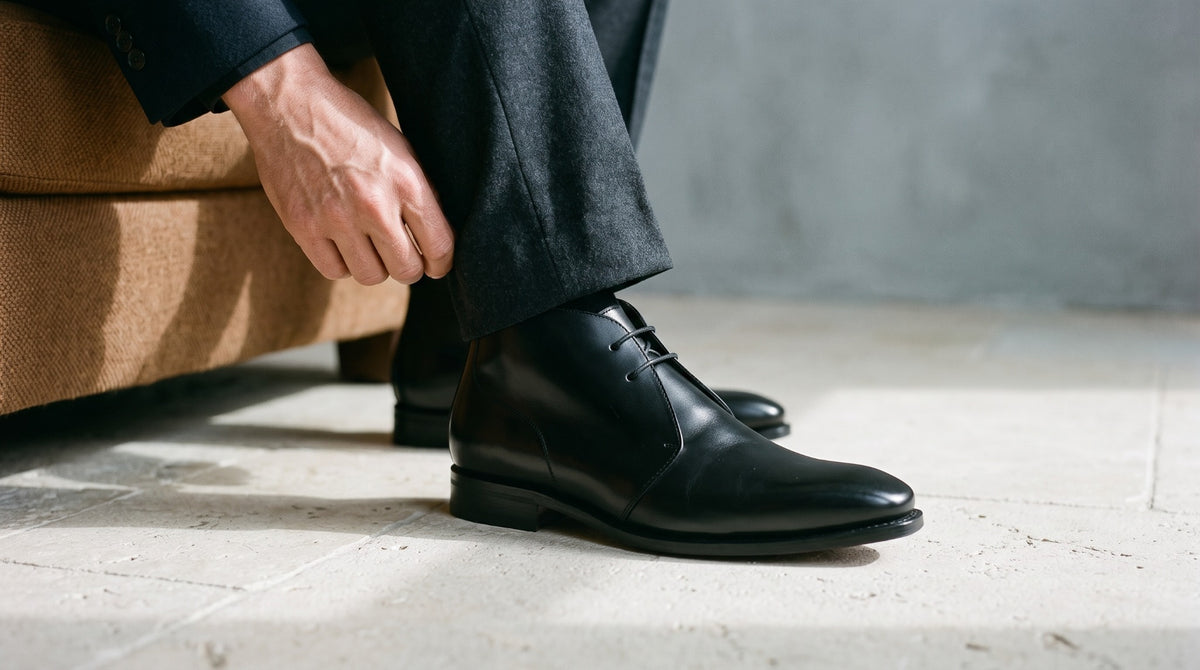 Black leather lace-up boots worn with charcoal tailored trousers.