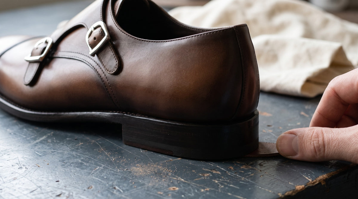 Close view of the leather upper, heel and sole edge of a brown double-monk shoe.
