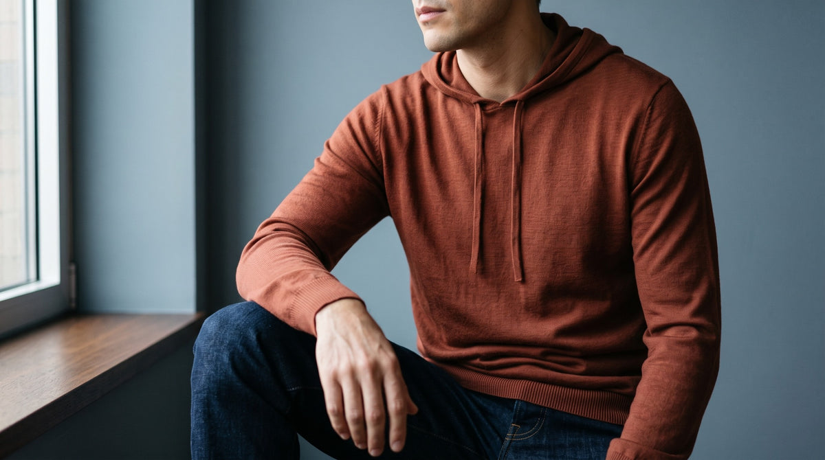 Man seated by a window wearing a rust fine-knit hoodie and dark blue trousers.