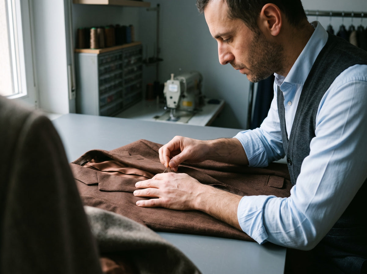 A tailor hand-finishing the lapel of a wool jacket